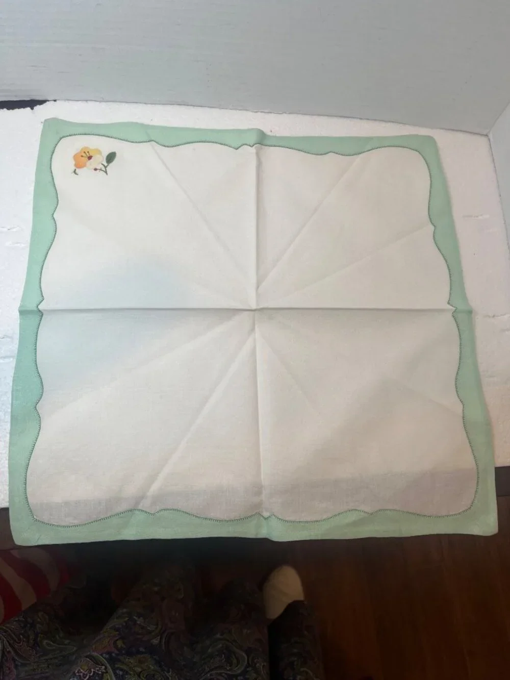 Six Floral Embroidered Placemats and 6 Napkins Set in Green & White 6 Pieces